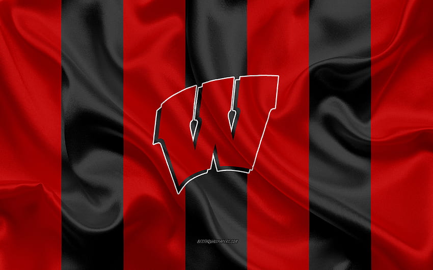 Wisconsin Badgers, American Football Team, Emblem, Silk Flag, Red Black Silk Texture, NCAA, Wisconsin Badgers Logo, Madison, Wisconsin, USA, American Football For With Resolution . High Quality HD wallpaper