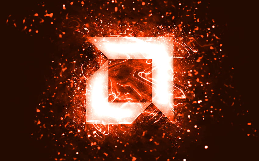 AMD orange logo, , orange neon lights, creative, orange abstract background, AMD logo, brands, AMD HD wallpaper