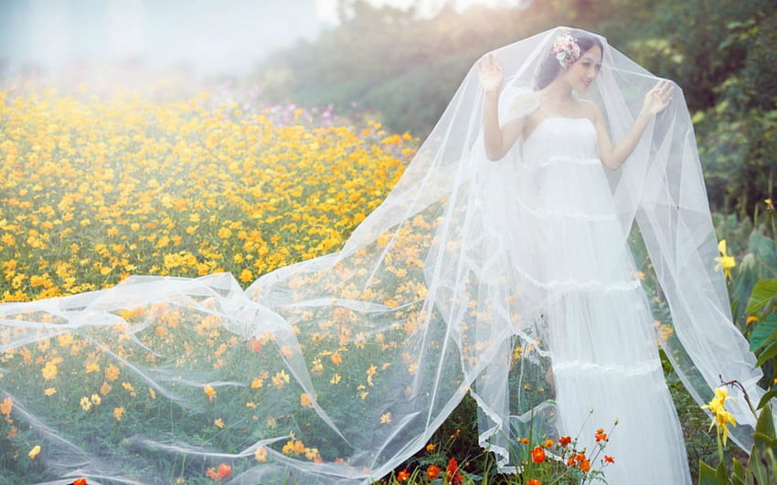 Beautiful Bride, model, flowers, bride, woman HD wallpaper