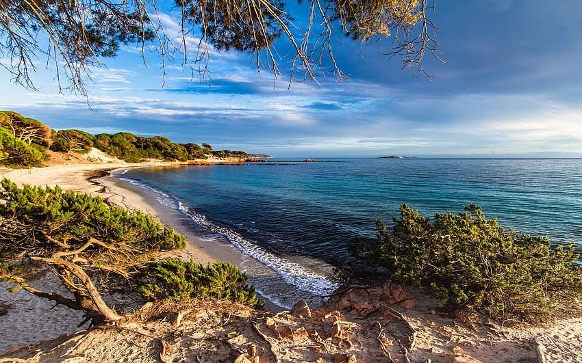 Corsica, Laut Mediterania, Prancis, pantai, pagi, matahari terbit, pantai dengan resolusi . Kualitas tinggi Wallpaper HD