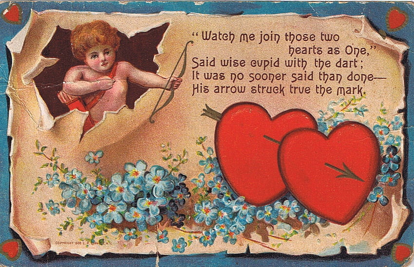 Happy Valentine's day!, blue, angel, spring, valentine, day, cupid, happy, arrow, vintage, wings, words, postcard, archer, retro, love, red, flowers, heart, child HD wallpaper