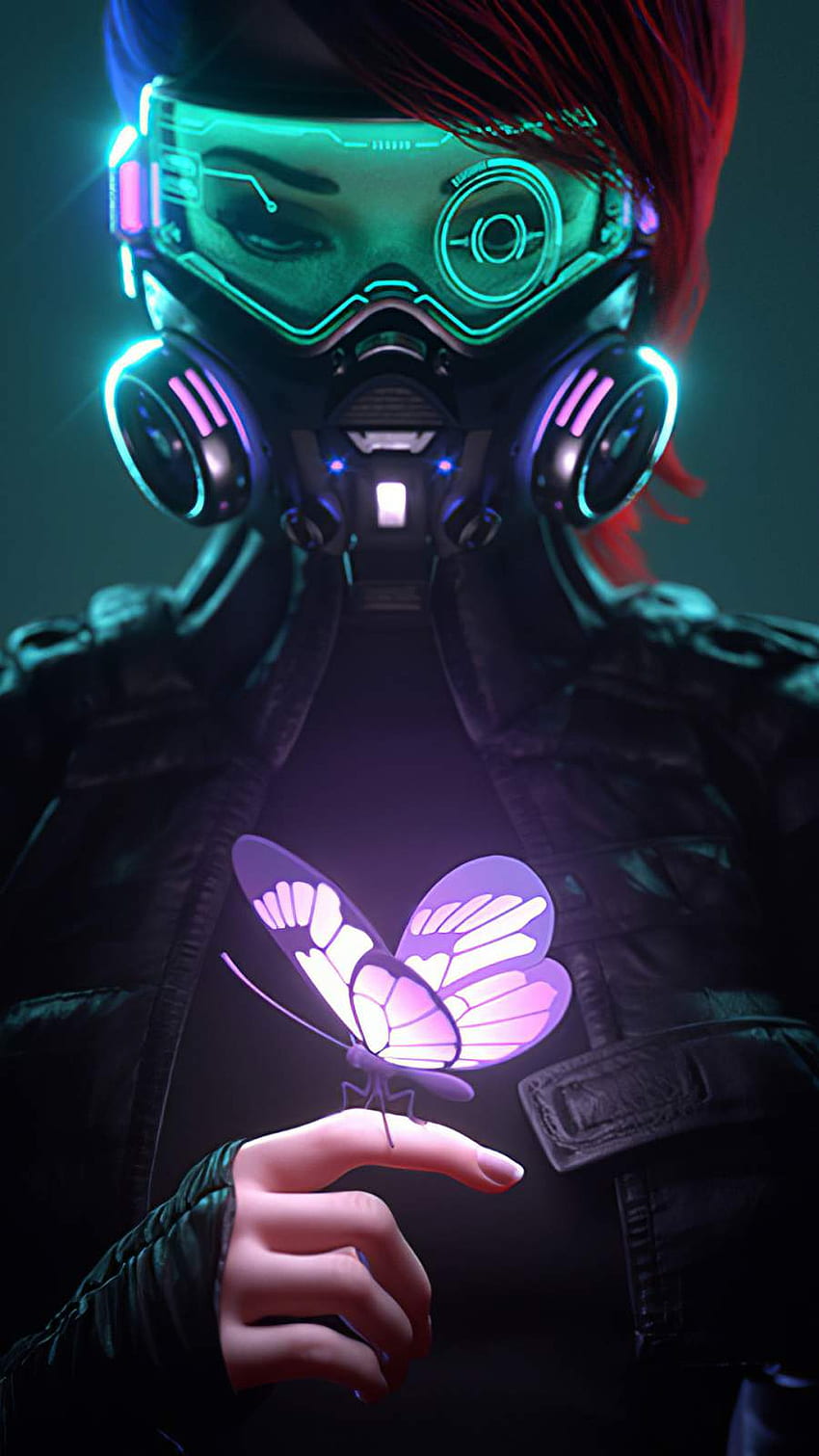 Cyberpunk-Mädchen in einer Gasmaske, die den leuchtenden Schmetterling IPhone betrachtet - IPhone : iPhone HD-Handy-Hintergrundbild