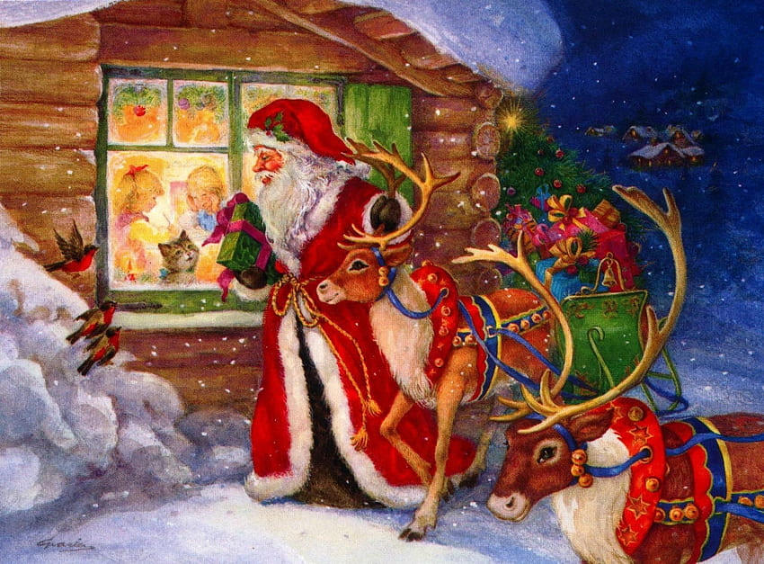 Vacanze, uccelli, bambini, Babbo Natale, cervi, Natale, vacanze, finestre, regali, regali Sfondo HD