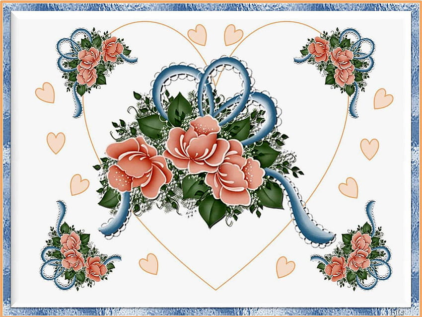 HEARTS & ROSES., blue, roses, framed, peach, hearts HD wallpaper