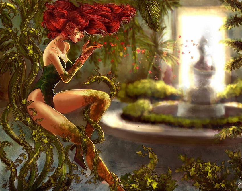 Poison Ivy, leaves, fountain, vines, redhead HD wallpaper