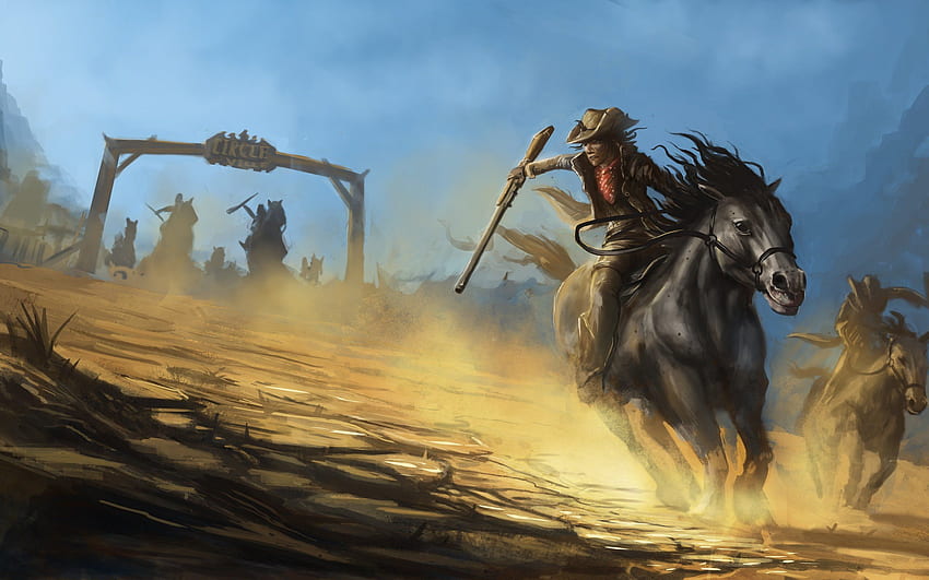 painting, Hats, Bandits, Cowboy, Western, Rustic, Battle / and Mobile Background HD wallpaper