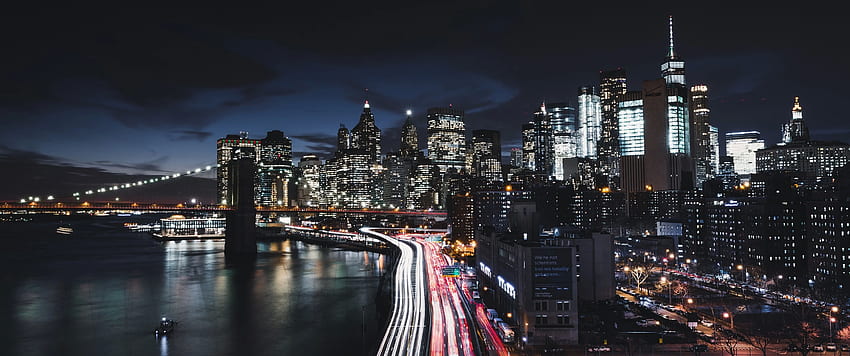 Ciudad de Nueva York, Manhattan, Timelapse, Edificios, Noche, Barco, Puente, 3440X1440 Ciudad fondo de pantalla