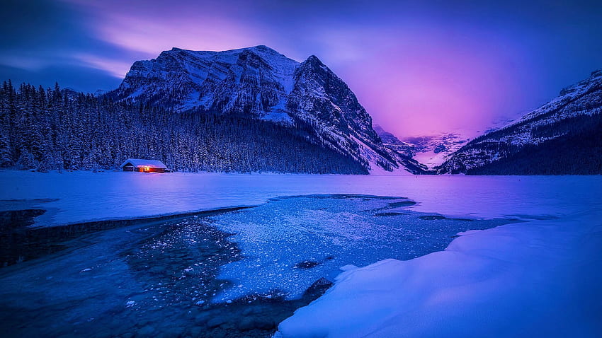 Lake Louise, Banff NP, Alberta, inverno, neve, nuvole, cielo, Canada, montagne, ghiaccio, tramonto Sfondo HD