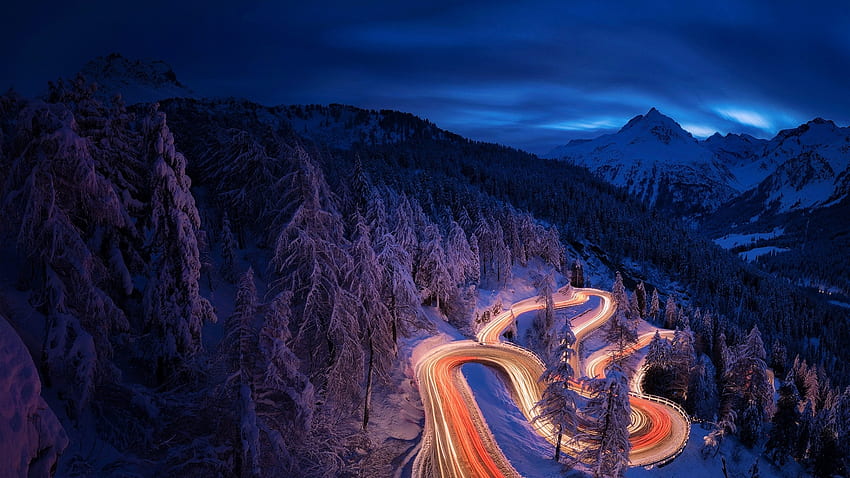 Превключвания, светлина, зима, нощ, сняг, пейзаж, път, планини HD тапет