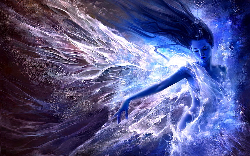 SPLASHING, blue, fantasy, splash, bubbles, water, woman HD wallpaper