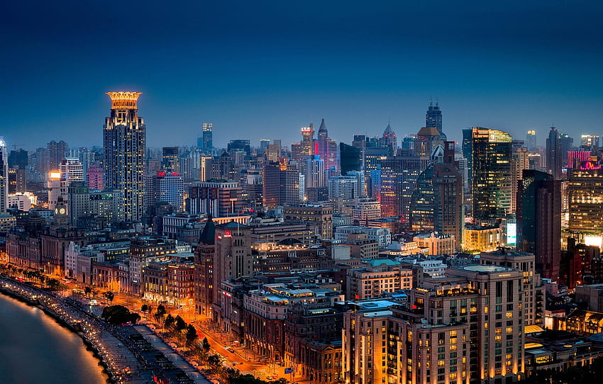 Китай, сграда, панорама, Китай, Шанхай, Шанхай, нощен град, алея, Huangpu, Huangpu за , раздел город, Shenzhen Night HD тапет