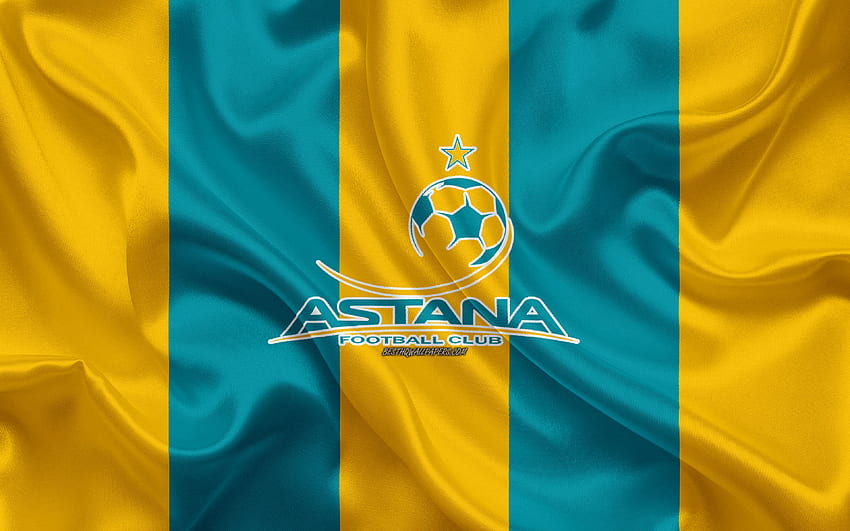 FC Astana, clube de futebol do Cazaquistão, bandeira azul amarela, bandeira de seda, Cazaquistão Premier League, Astana, Cazaquistão, futebol com resolução. Alta qualidade papel de parede HD