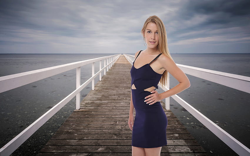 Alexis Crystal on the Malmo Pier, Denmark, model, blonde, denmark, smile, pier, dress HD wallpaper