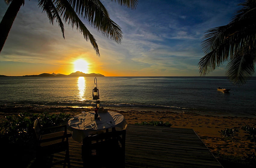 Sunset Dining in Fiji, island, Fiji, sand, tropical, dine, set, dusk, beach, eat, islands, sun, down, ocean, sunset, society, sea, pacific, luxury, romance, south, food, lagoon, french, dining, table for two, view, evening, polynesia HD wallpaper