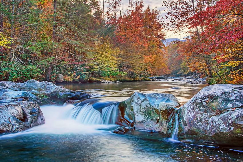 River Autumn Fall, blue, river, autumn fall, art , grey, tress, beautiful, small, stones, waterfall HD wallpaper