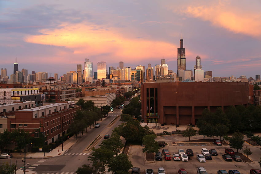 horizonte de chicago, torre sears, puesta de sol, torre willis. fondo de pantalla