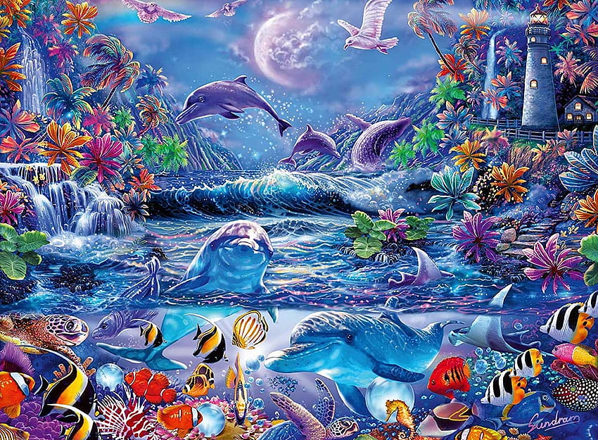 Cahaya bulan, Sihir, bulan, cahaya, laut, sihir, teka-teki, jigsaw, mamalia Wallpaper HD