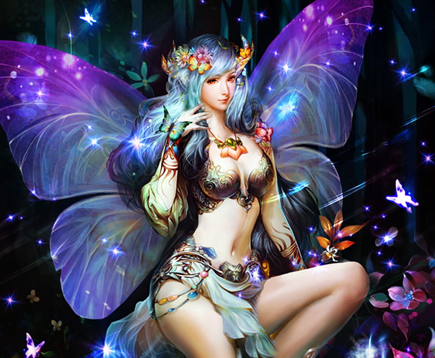 蝶の妖精、妖精、紫、翼、蝶、美しい 高画質の壁紙