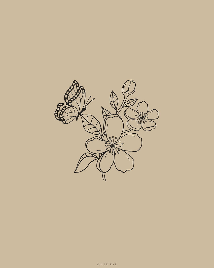 Schmetterling auf Blumenstrichzeichnung, einzelne Blumenzeichnung HD-Handy-Hintergrundbild
