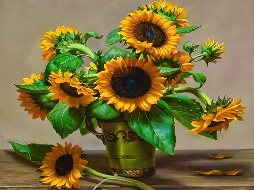 Stilleben, Blumenstrauß, Kunst, Vase, schön, Malerei, Sonnenblumen, hübsch, Blumen, schön HD-Hintergrundbild