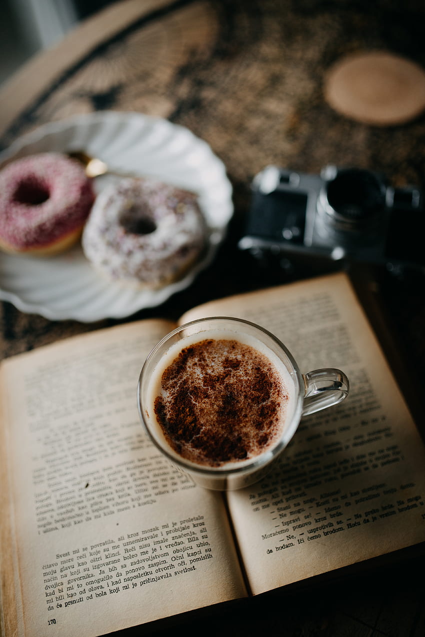 Food, Desert, Coffee, Cup, Book, Camera, Mug, Donuts HD phone wallpaper
