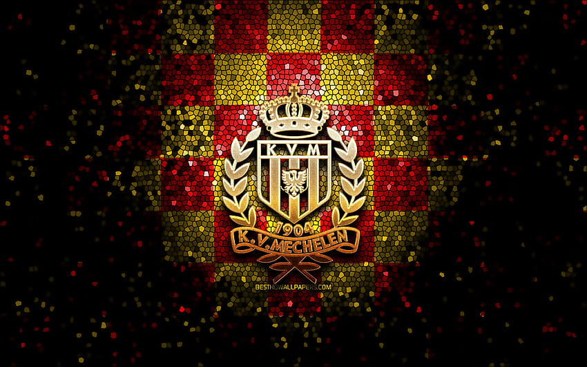 KV Mechelen, brokatowe logo, Jupiler Pro League, czerwono-żółte tło w kratkę, piłka nożna, belgijski klub piłkarski, logo KV Mechelen, mozaika, piłka nożna, Mechelen FC Tapeta HD