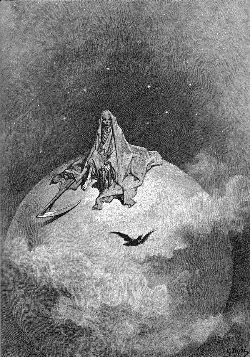 낫, 회색조, 해골, 까마귀, 삽화, Edgar Allan Poe, Gustave Doré HD 전화 배경 화면