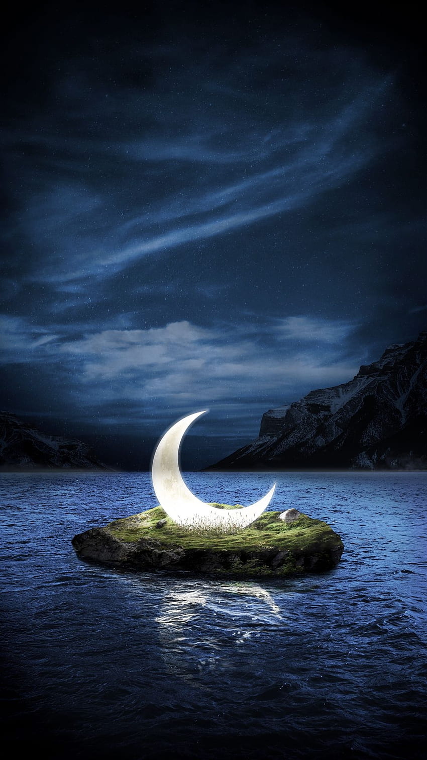 แฟนตาซี เมฆ ท้องฟ้า ดวงจันทร์ มหาสมุทร กลางคืน ทะเล วอลล์เปเปอร์โทรศัพท์ HD