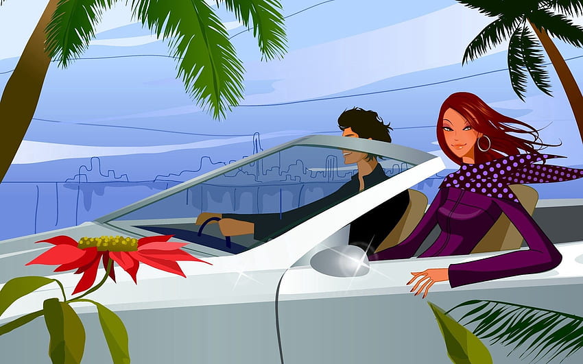 Palms, Vector, Car, Girl, Guy HD wallpaper