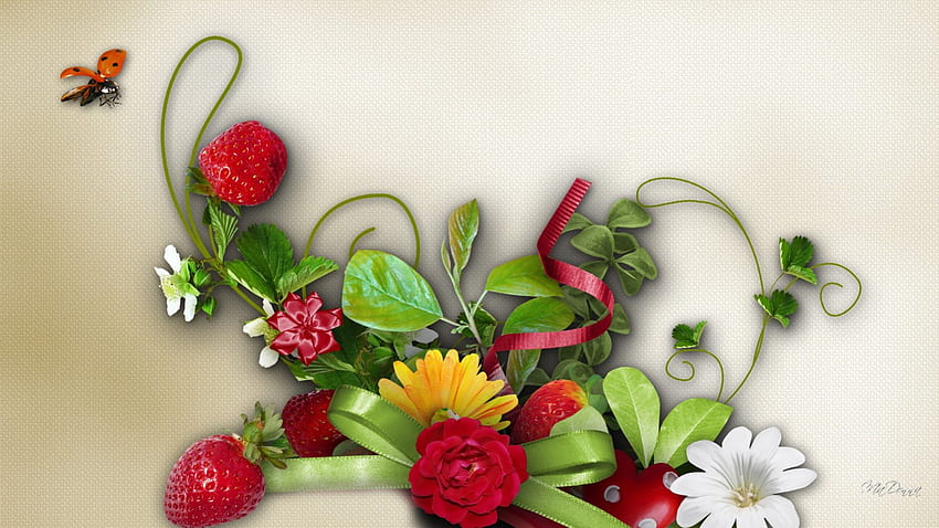 truskawkowy sezon letni, biedronka, truskawki, wiosna, stokrotki, biedronka, lato, sznurek, liście, żółty, czerwony, kwiaty Tapeta HD