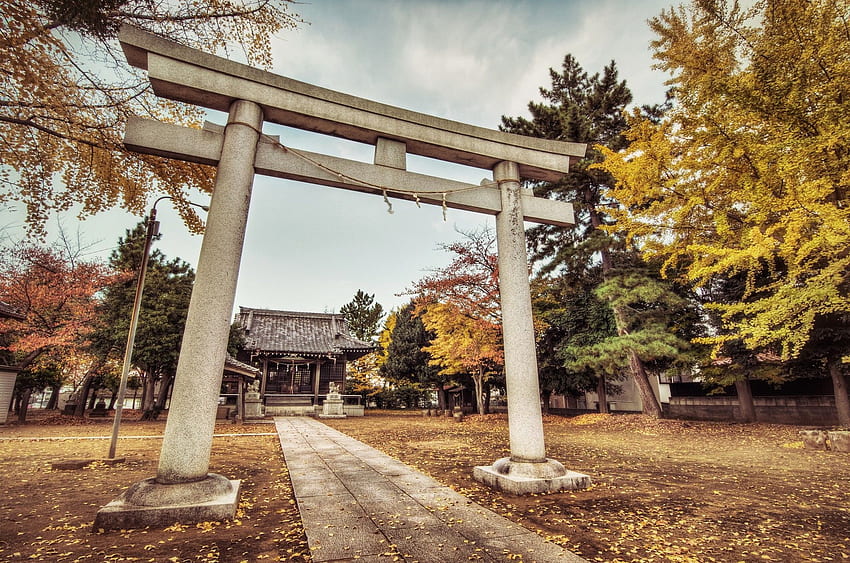 Japanese shrine in the fall . PC HD wallpaper