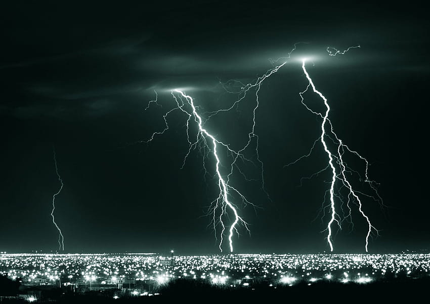 Electric Symphony, night, lightning, bolts, city, clouds, sky, nature HD wallpaper