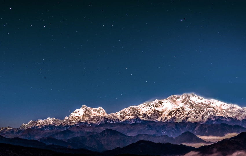 natureza, montanhas, montanha, neve, Estrelas, Colinas, vento, frio, Ásia, Índia, Sikkim, Pouca poluição luminosa, Kanchenjunga South Peak for, seção пейзажи papel de parede HD