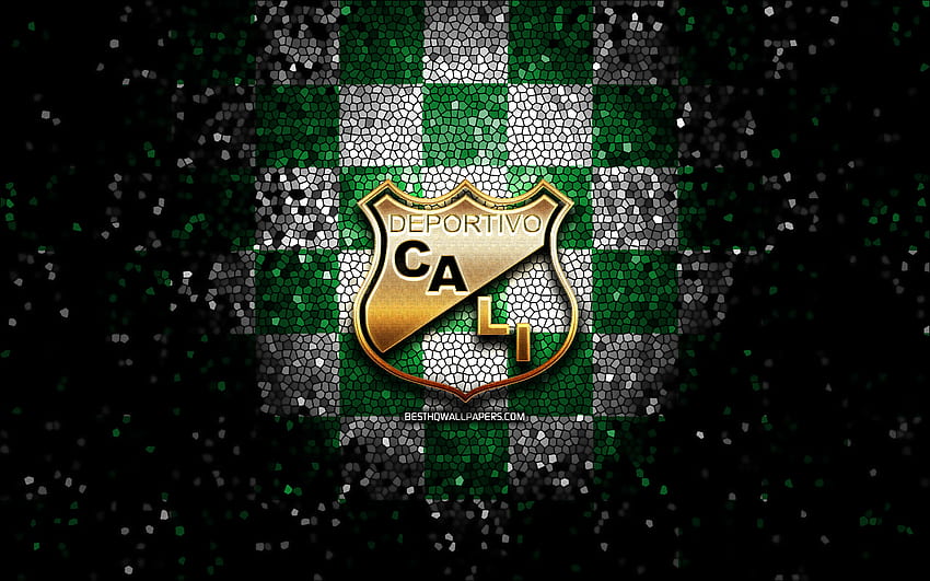 Deportivo Cali FC, glitter logo, Categoria Primera A, green white checkered background, soccer, colombian football club, Deportivo Cali logo, mosaic art, football, Deportivo Cali, Asociacion Deportivo Cali HD wallpaper