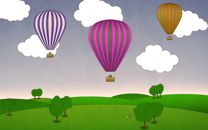 Flyaway Sundown, montgolfières, abstrait, coucher de soleil, nuages, arbres, ciel, herbe Fond d'écran HD