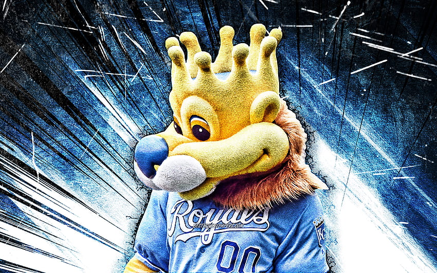 Sluggerrr, arte grunge, mascotte, Kansas City Royals, raggi astratti blu, MLB, mascotte Kansas City Royals, mascotte MLB, mascotte ufficiale, mascotte Sluggerrr Sfondo HD