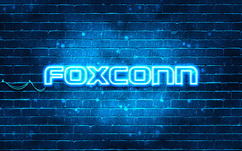 Logo blu Foxconn, muro di mattoni blu, logo Foxconn, marchi, logo al neon Foxconn, Foxconn Sfondo HD