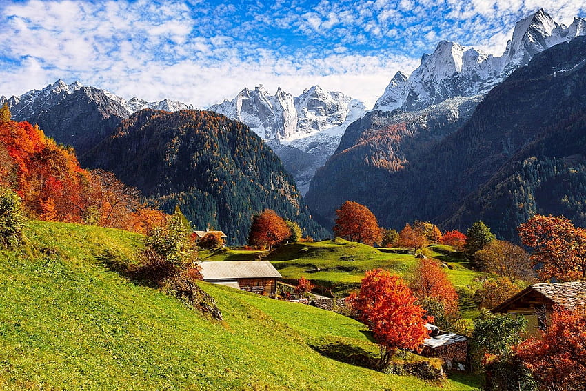 Mountains: Trees View Peaks Fall Green Morning Autumn Alps Color, Swiss Countryside HD wallpaper