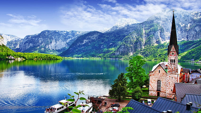 Hallstatt, Austria, boats, landscape, clouds, sky, church, mountains, alps, lake, nature HD wallpaper