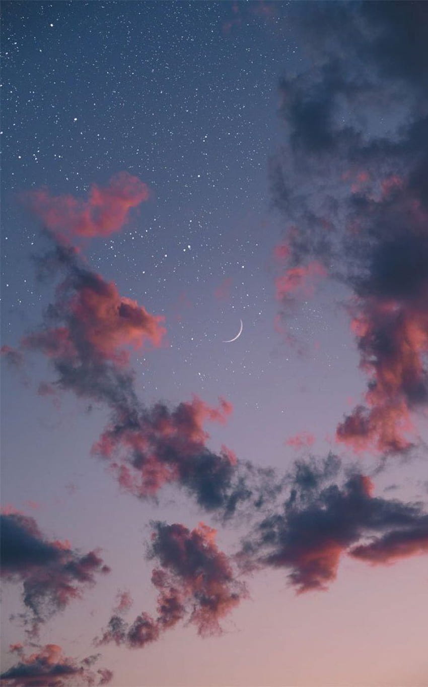 Beautiful evening sky with crescent moon and stars HD phone wallpaper