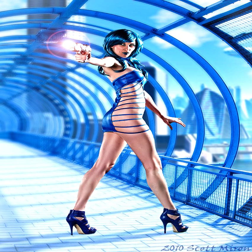 LASER FIGHTER, blue, scifi, fantasy, weapon, laser, woman, future HD wallpaper