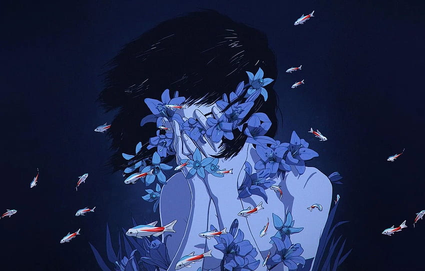 Blumen, Mädchen, Minimalismus, Blau, Fisch, Mädchen, Fisch, Fisch, perfektes Blau HD-Hintergrundbild