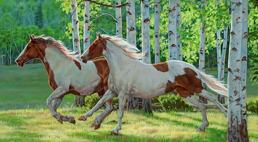Kuda dalam kabut, dom, seni, ikat, lari, cantik, rumput, liar, kabut, kuda, birch, lukisan, hewan, pohon, indah, hutan Wallpaper HD