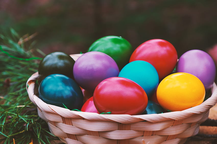 Basket, easter eggs, colorful HD wallpaper