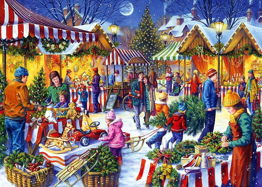 Christmas Fayre, winter, artwork, decoration, painting, stands, snow, people HD wallpaper