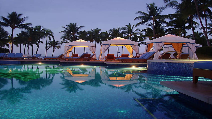 poolside, resorts, light, swimming pool, relax, palm trees HD wallpaper
