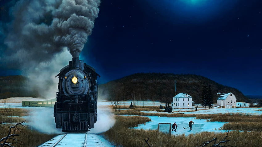 The Train, winter, night, snow, icehockey, locomotive, steam, houses HD wallpaper