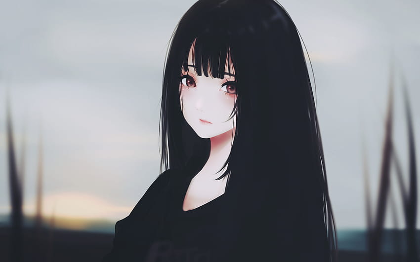 Chica anime, cabello negro, expresión triste, semi realista - Chica anime triste estética, portátil anime triste fondo de pantalla