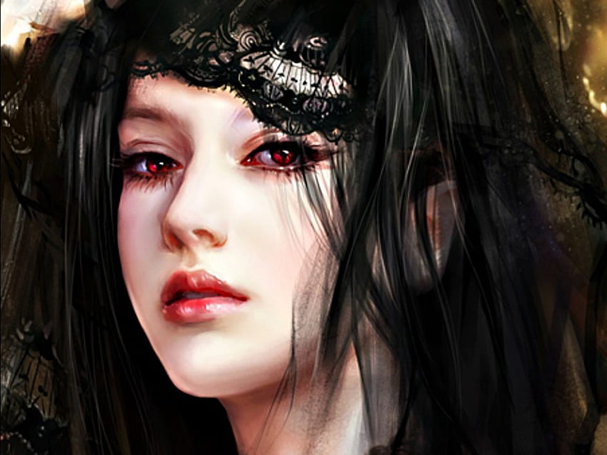 Vampire girl, black, art, red eyes, girl, vampire, woman, fantasy, face, phoenix lu HD wallpaper