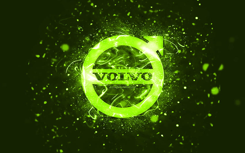 Volvo lime logo, , lime neon lights, creative, lime abstract background, Volvo logo, cars brands, Volvo HD wallpaper